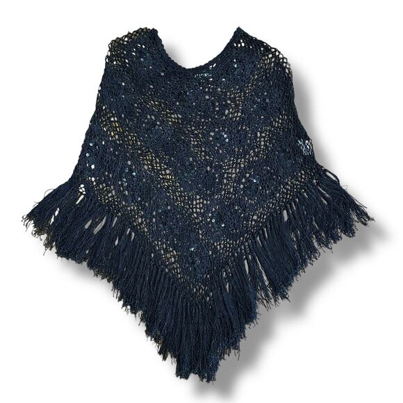 Text Black Crochet Sequin Fringe Poncho One Size Boho Festival Shawl Cover Up - Picture 1 of 8